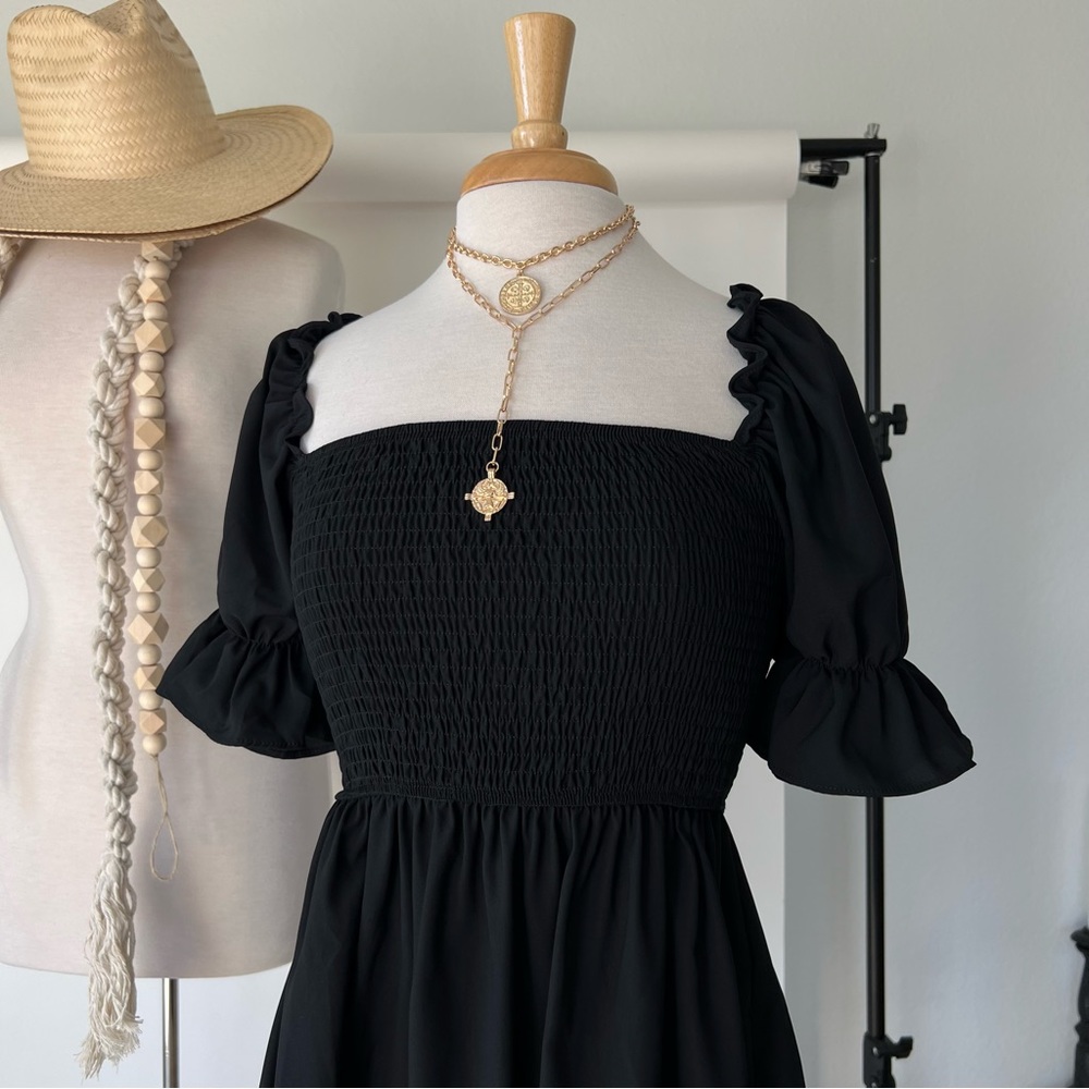 SQUARE NECK BLACK MINI DRESS - Picture 2 of 4